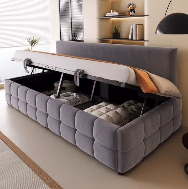 Letto imbottito contenitore 90x200 cm in velluto grigio; con rete a doghe e testiera