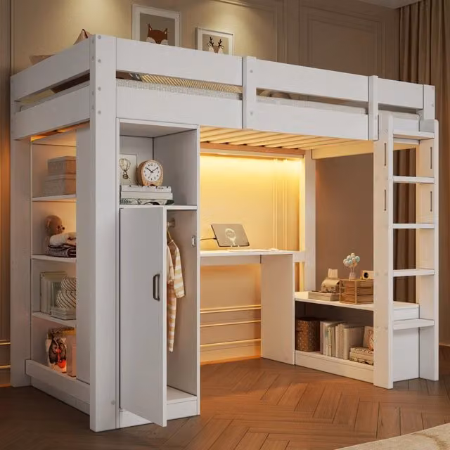 Letto a castello 90 x 200 cm con armadio, scaffali e scrivania sotto il letto, illuminazione LED e porta USB - Bianco