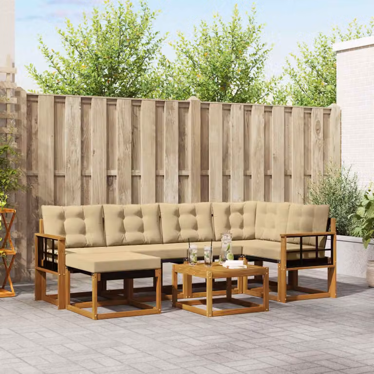 vidaXL Set di divani da esterno 7 pz in legno di acacia con cuscini beige e marrone