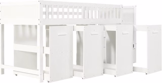 Letto a castello multifunzionale per bambini con protezioni, scrivania e armadi, 90x200 cm, bianco in pino e MDF