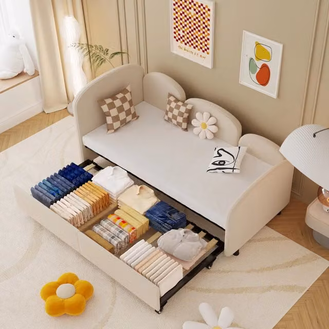 Letto per bambini 90 × 200 cm con cassetto, barriera di sicurezza, senza materasso, in velluto, beige