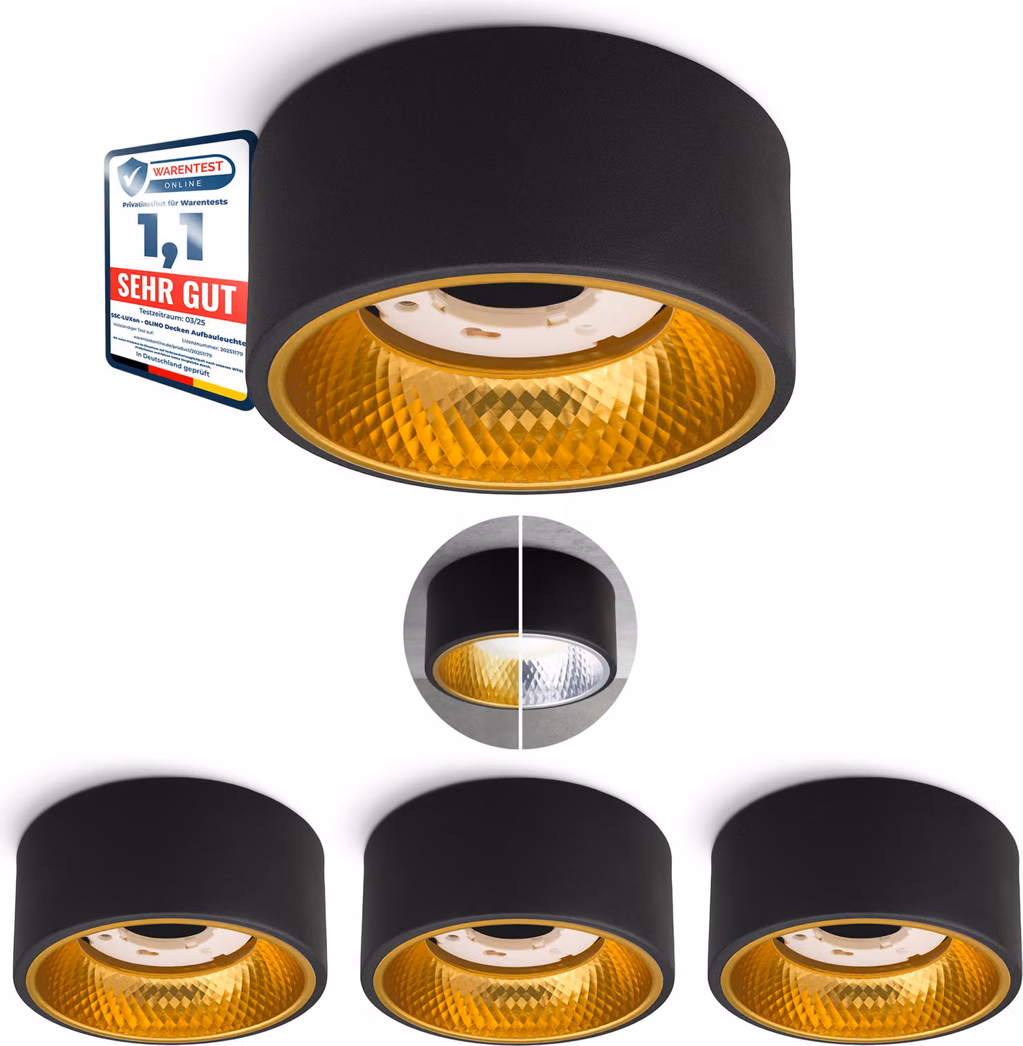 SSC-LUXon 4 pezzi OLINO lampada da soffitto oro nero rotonda con ottica frontale intercambiabile - GX53 faretto da superficie faretto da soffitto design piatto