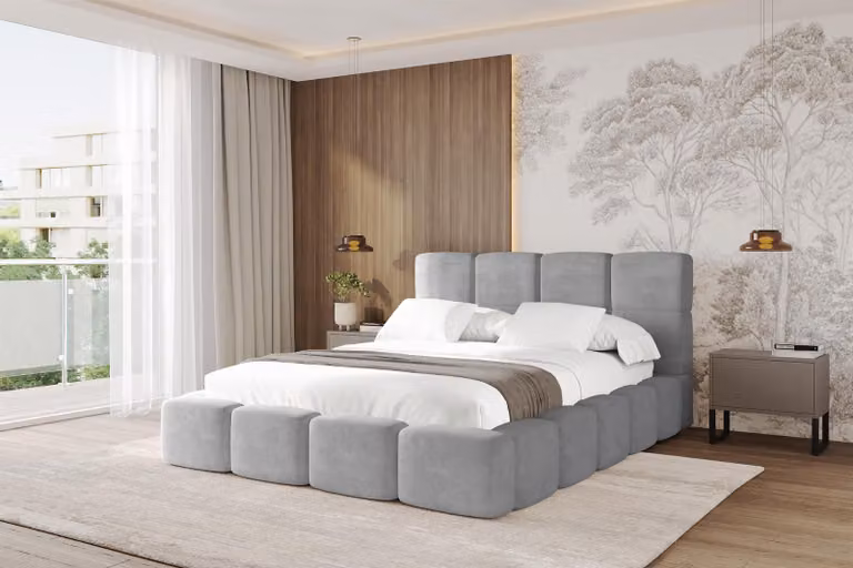 Letto imbottito ALTDECOR con contenitore - NATA 180x200 grigio, letto con testiera, letto contenitore senza materasso, letto matrimoniale con spazio contenitivo