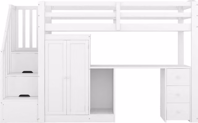 Letto a soppalco bianco 90x200 cm con armadio, scrivania, scaletta e cassetti in legno di pino