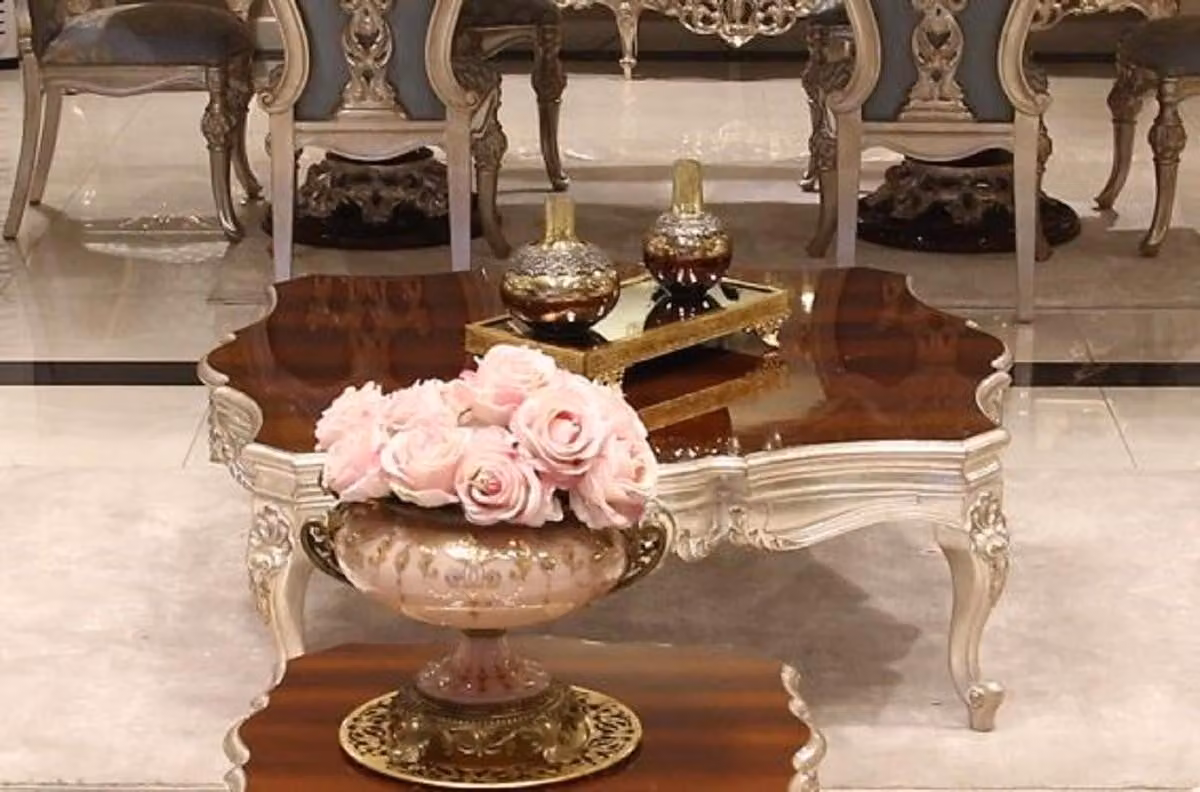 Casa Padrino tavolino barocco marrone scuro / argento 130 x 130 x h. 47 cm - Magnifico tavolo da salotto in legno massiccio - Mobili da salotto barocchi