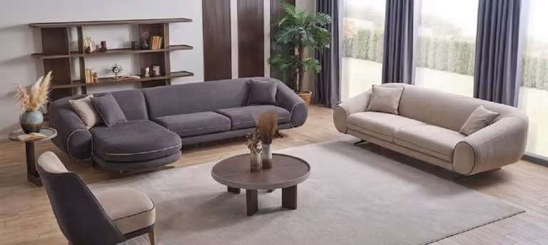 Set per soggiorno di design: divano angolare, poltrona, divano a tre posti