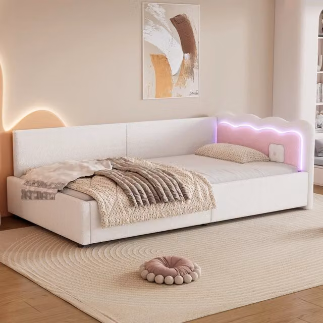 Divano letto 90x200 cm con illuminazione LED regolabile; rivestimento morbido bianco