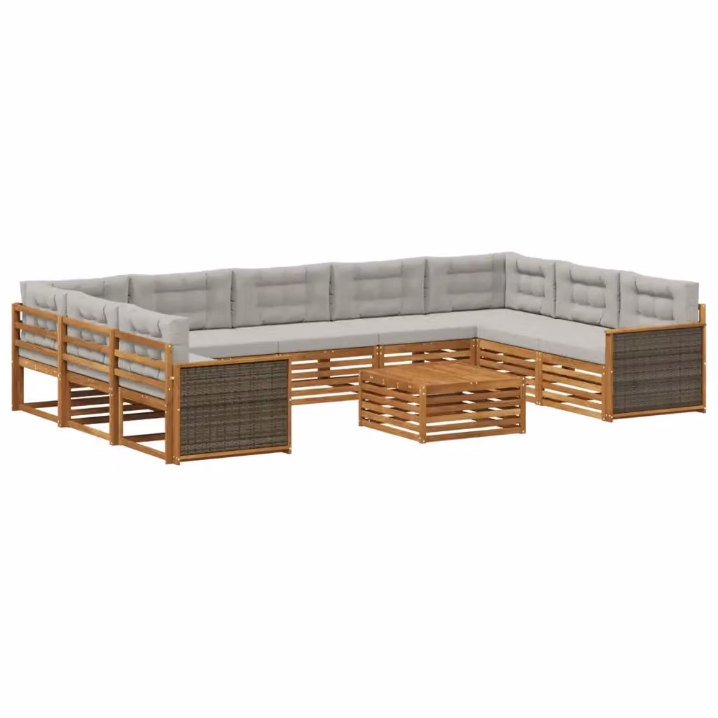Set di divani da esterno a L vidaXL in legno di acacia con cuscini, beige e grigio – 2