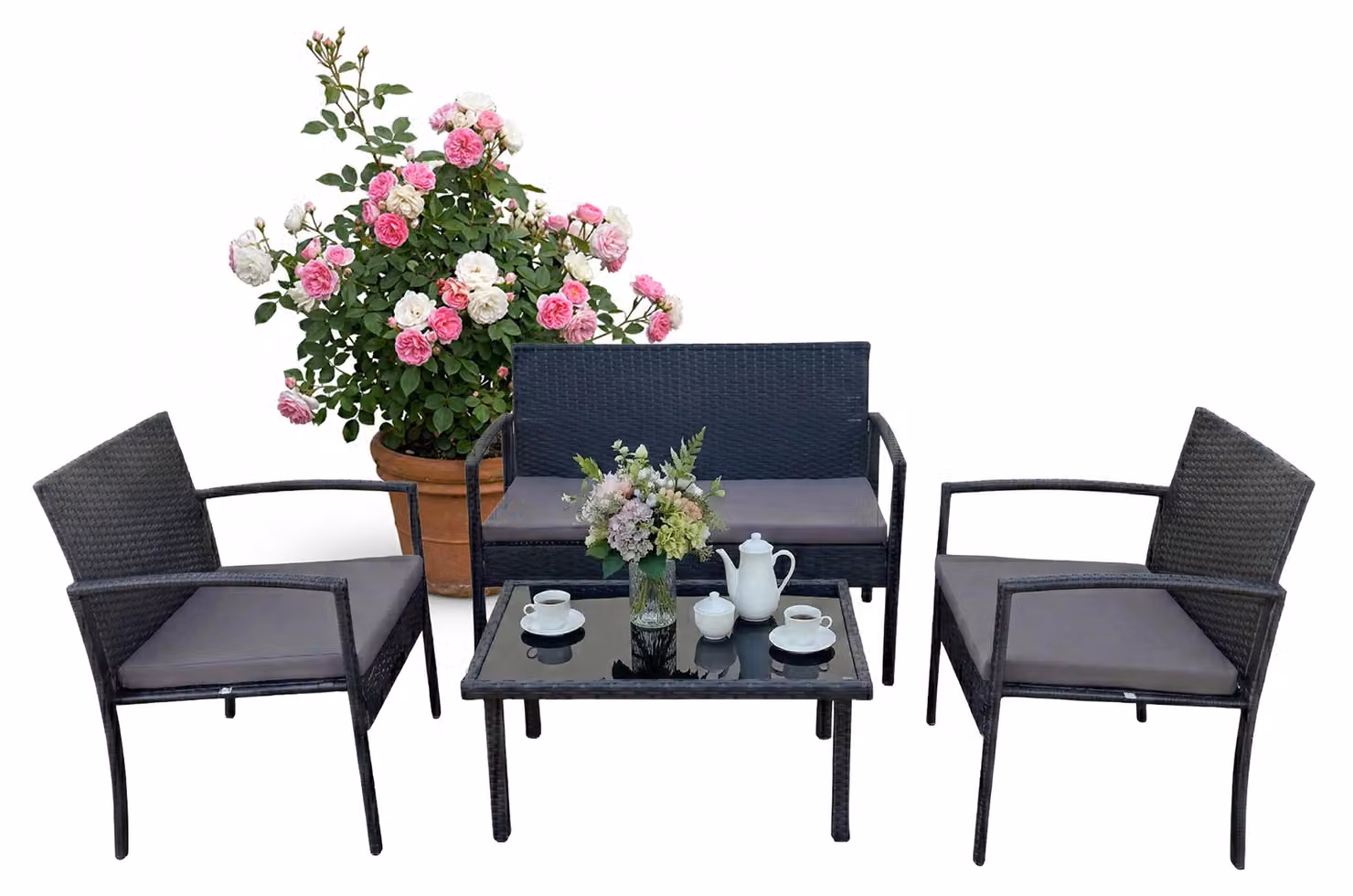 Set di mobili da giardino Relaxdays, set da salotto in rattan da 4 pezzi, per 4 persone, panca, sedie e tavolo in vetro, mobili da relax, da esterno, nero