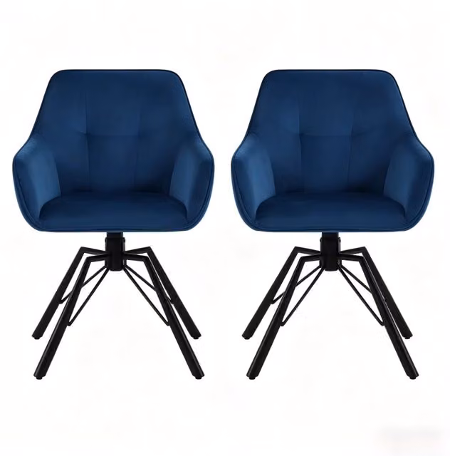 Sedia da sala da pranzo girevole 57 x 54 x 82,5 cm in velluto blu con braccioli, set da 2