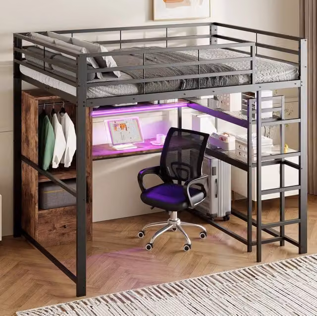 Letto a soppalco 140x200 cm con LED; scrivania; cassetto e mensole in MDF e metallo