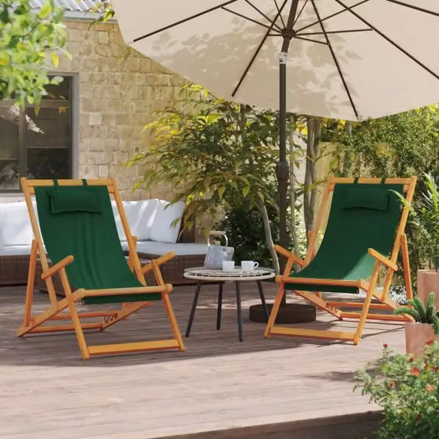 Set di 2 sedie pieghevoli da giardino vidaXL in legno oliato e tessuto verde – 1