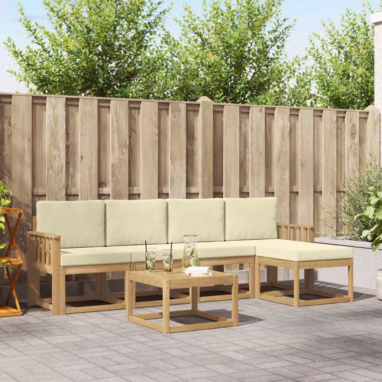 vidaXL Set di divani da esterno a L in legno di acacia con tavolino e pouf, Bianco e Beige