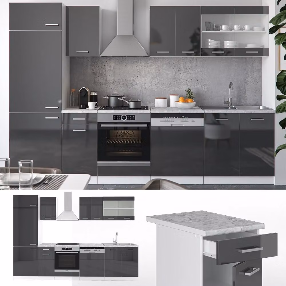 Cucina componibile moderna Vicco R-Line in antracite lucido e bianco, L: 300 cm, H: 206,8 cm, P: 60 cm – 2
