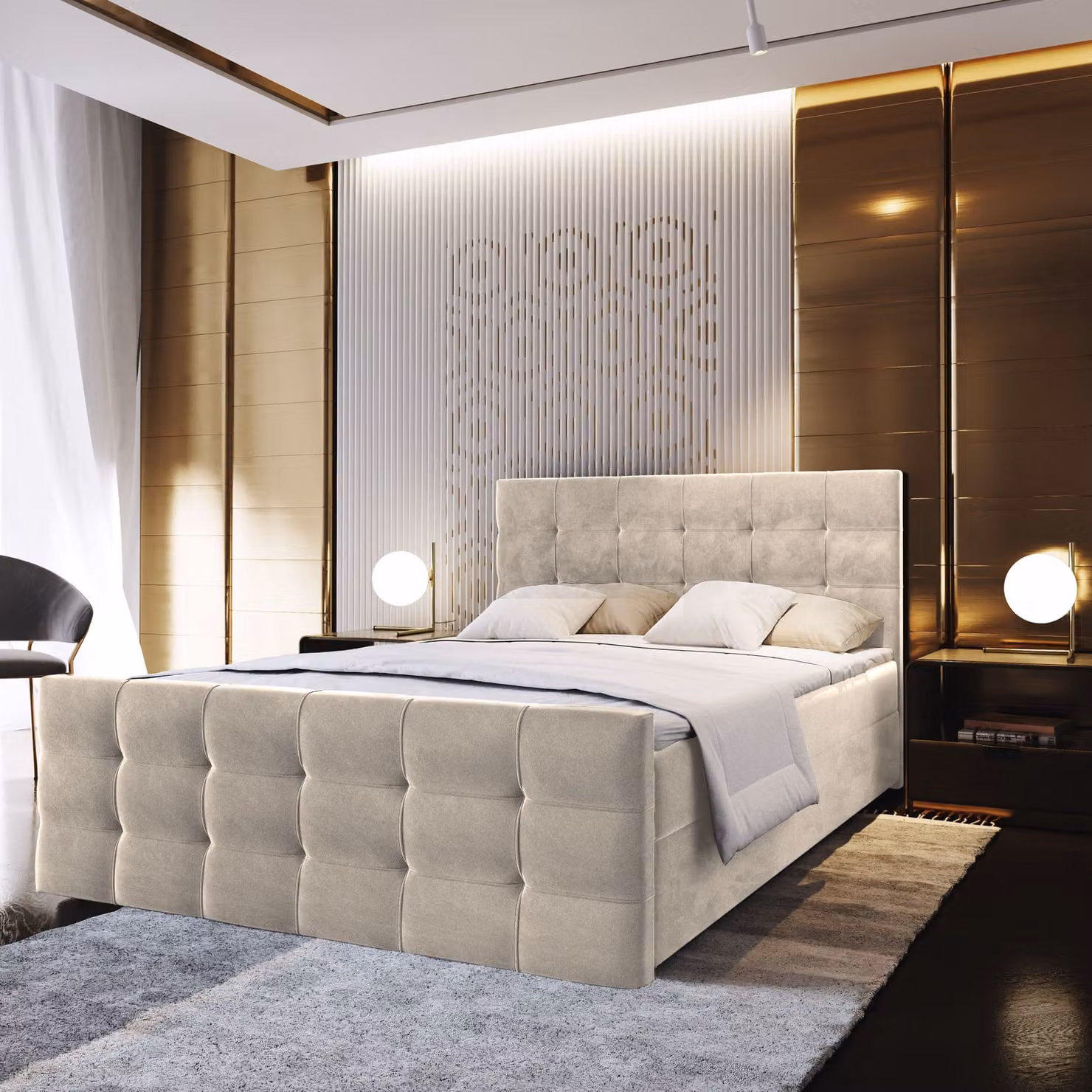 Letto a molle Masseno AMON 140x200 cm completo di materasso e topper Bonell, letto imbottito con cassettiera -Beige, COSMIC 10