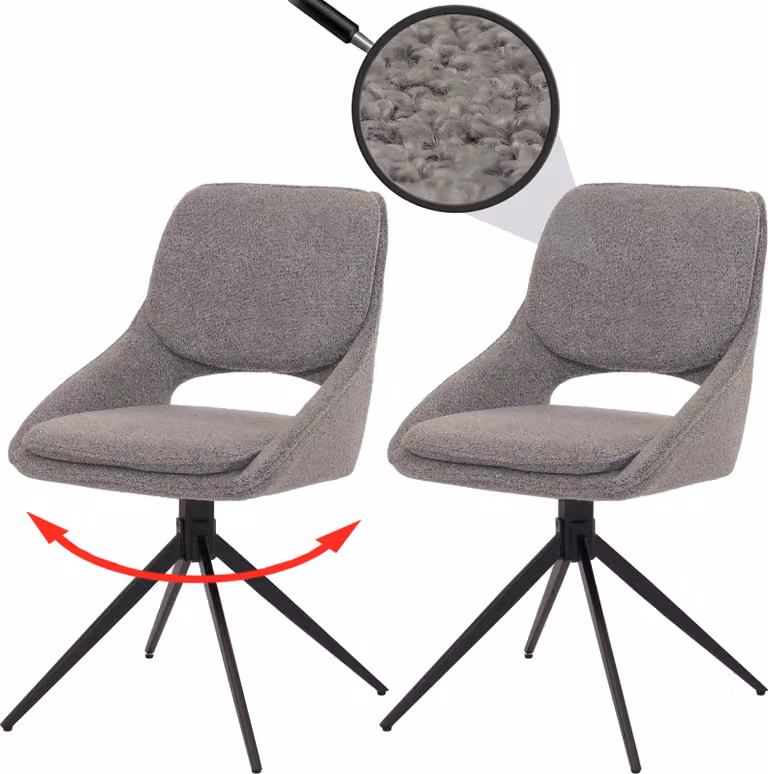 Set di 2 sedie da pranzo HWC-N73, sedia per cucina, girevole con ritorno automatico, rivestita in tessuto boucle (540g/m²), colore grigio