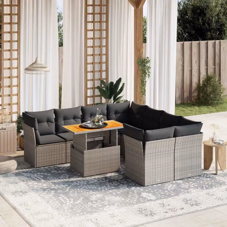 Set Divano da Giardino vidaXL 9 pz in Polyrattan Grigio con Cuscini e Tavolino da Esterno