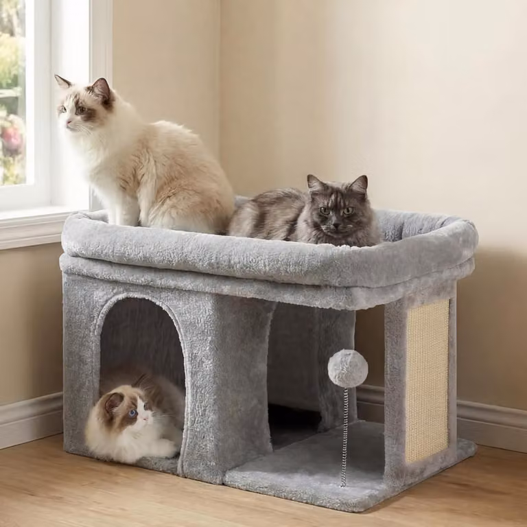 Albero per gatti - 35 cm - con ampia cuccia - casetta per gatti e pallina in peluche - grigio chiaro