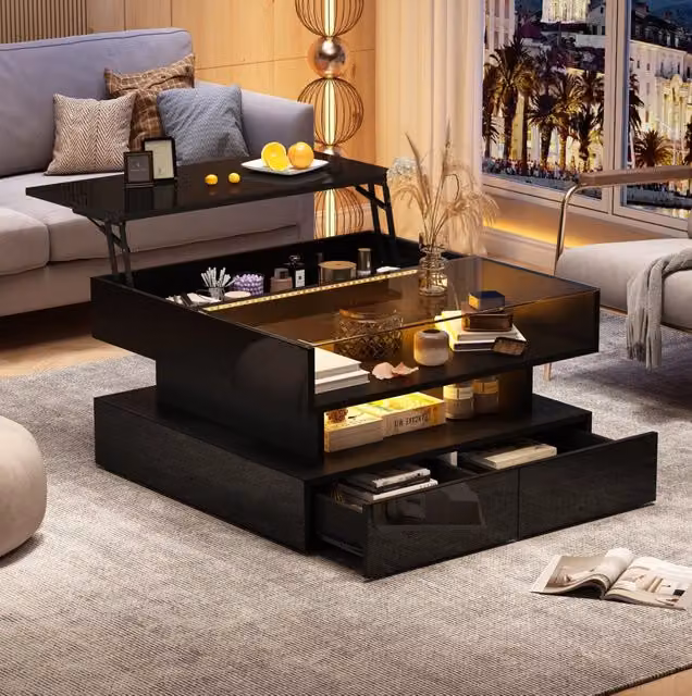 Tavolino da caff¨¨ ULEVR 80x80x45 cm con piano sollevabile idraulico, LED, 2 cassetti e vetro temperato nero