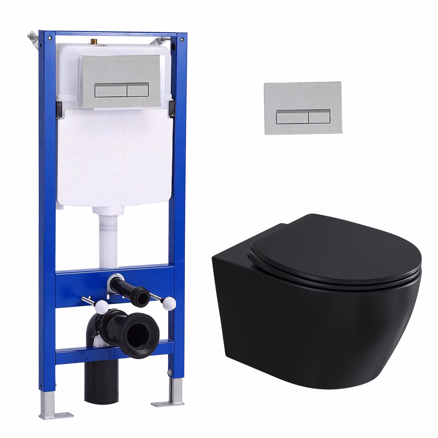Set di elementi da incasso per WC + WC sospeso nero opaco + cassetta da incasso da 114 cm con piastra di spinta rettangolare cromata HOROW