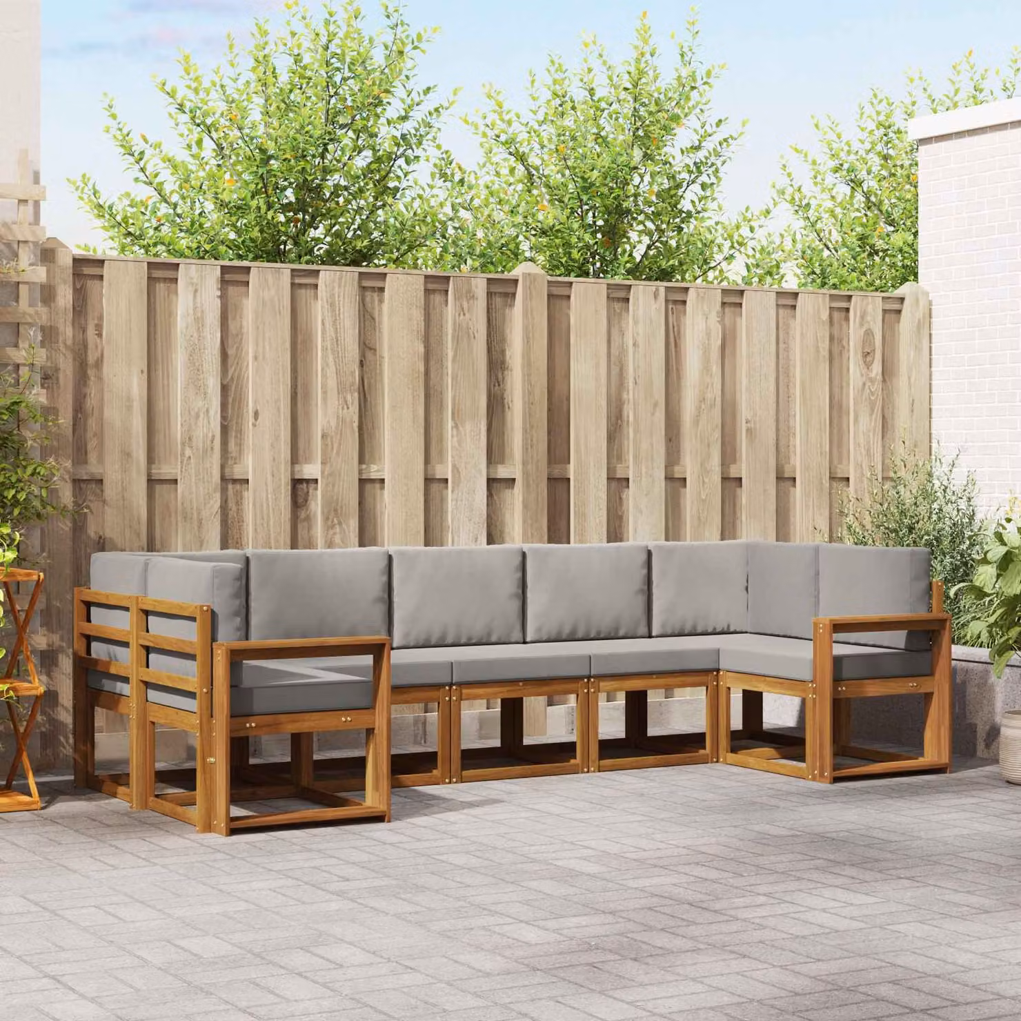 Set di divani da esterno vidaXL 7 pz in legno di acacia con cuscini, forma a L, marrone e grigio