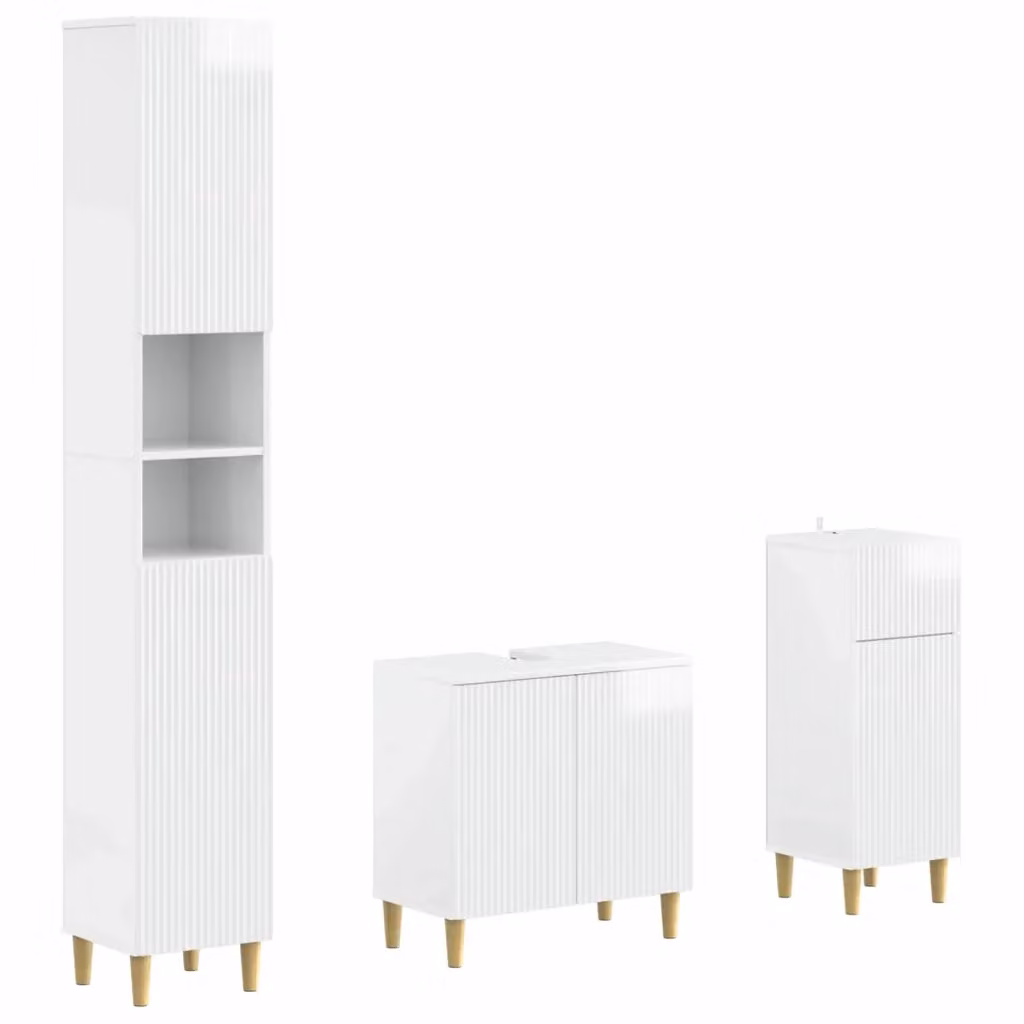 Set di 3 mobili da bagno moderni vidaXL in legno bianco lucido con colonna alta, mobile sottolavabo e mobile laterale – 2