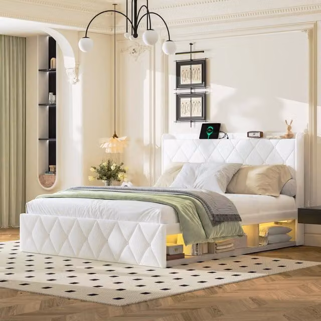 Letto imbottito matrimoniale 160 x 200 cm in peluche bianco con ricarica USB, strisce LED su entrambi i lati e 6 cassetti pratici
