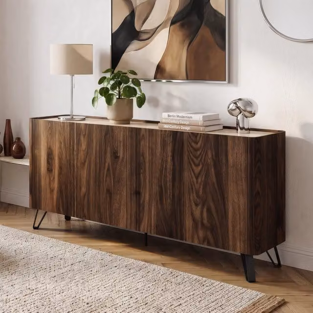 Madia Trorlon a 4 Ante Credenza Buffet en.casa Effetto Noce e Travertino L: 160 cm, P: 40 cm, H: 83 cm
