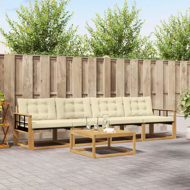 Set di divani da esterno vidaXL 5 pezzi in legno di acacia con cuscini e tavolino, Bianco, Beige e Marrone
