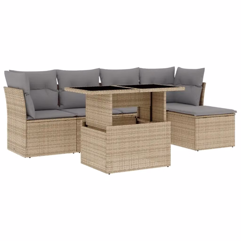 vidaXL Set Divano da Giardino a L 6 pz con Cuscini Beige e Tavolino in Vetro – 2