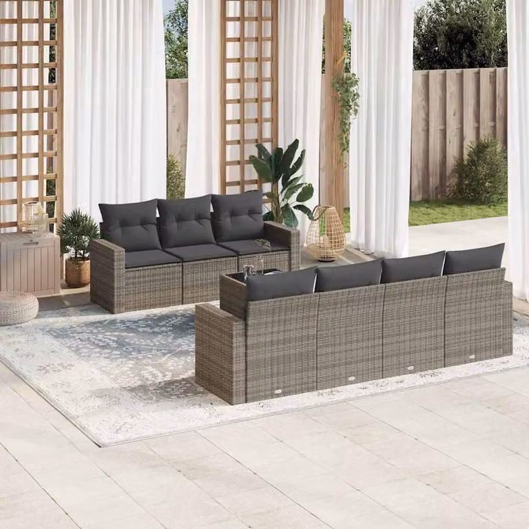 vidaXL Set Divano da Giardino 8 pz in Polyrattan Grigio con Cuscini e Tavolino