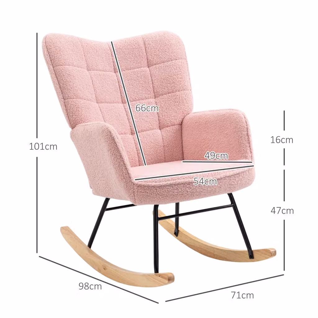 Sedia a dondolo relax WISHDOR imbottita in tessuto rosa con struttura in metallo e legno di faggio e braccioli – 2