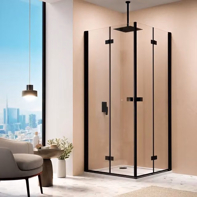 Box doccia angolare 70x90cm doppia anta a libro profili nero opaco e vetro da 8mm trasparente h195 | Fiji