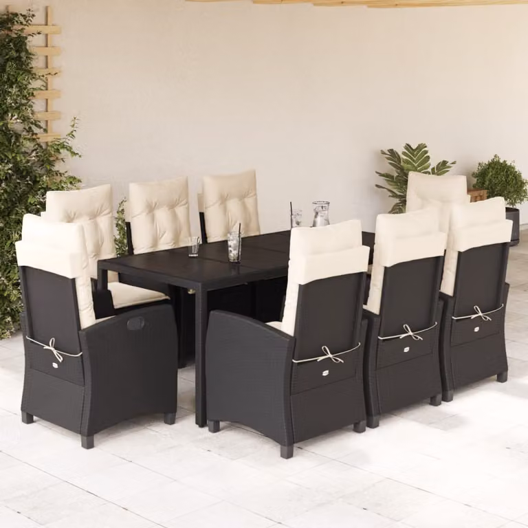 Set da Pranzo da Giardino vidaXL in Polyrattan Nero con Cuscini e Tavolo in Vetro, 9 Pezzi