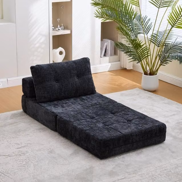 Divano letto pieghevole nero 79x79x57 cm con cuscini, chenille e schiuma ad alta densità