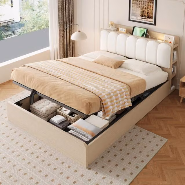 Letto contenitore 140x200 cm in legno con testiera imbottita; USB e vano portaoggetti