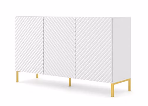 Homlando Cassettiera SURF 3D 150 cm con fronti in MDF decorati su gambe in metallo, credenza, 3 ante, armadio (bianco opaco)