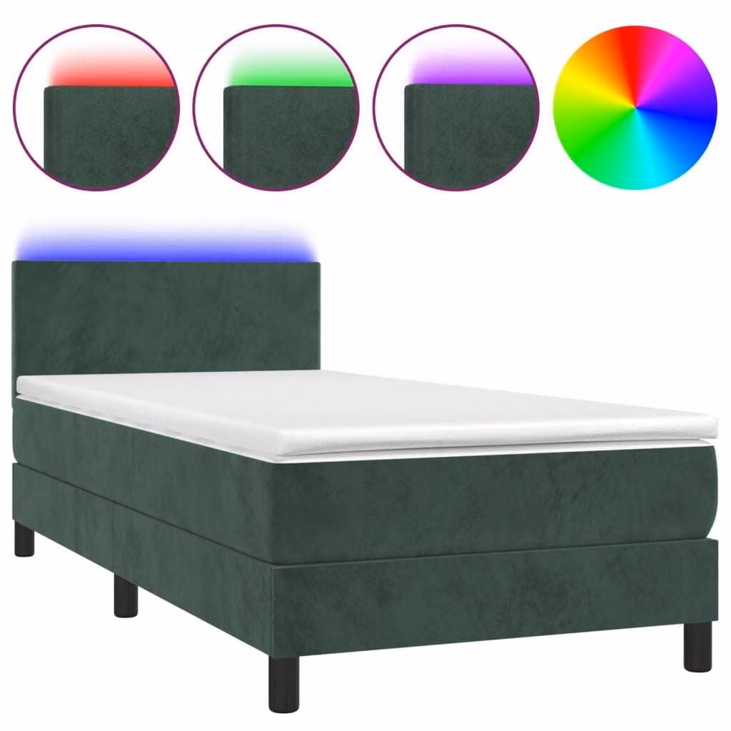 Letto a Molle con Materasso e LED Verde Scuro 100x200cm Velluto