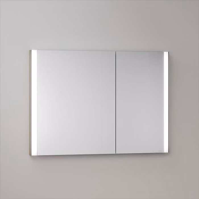Mobile specchio a incasso LED Keuco Royal Metis, dimensioni 100 x 71 cm, con 2 ante asimmetriche, modello svizzero