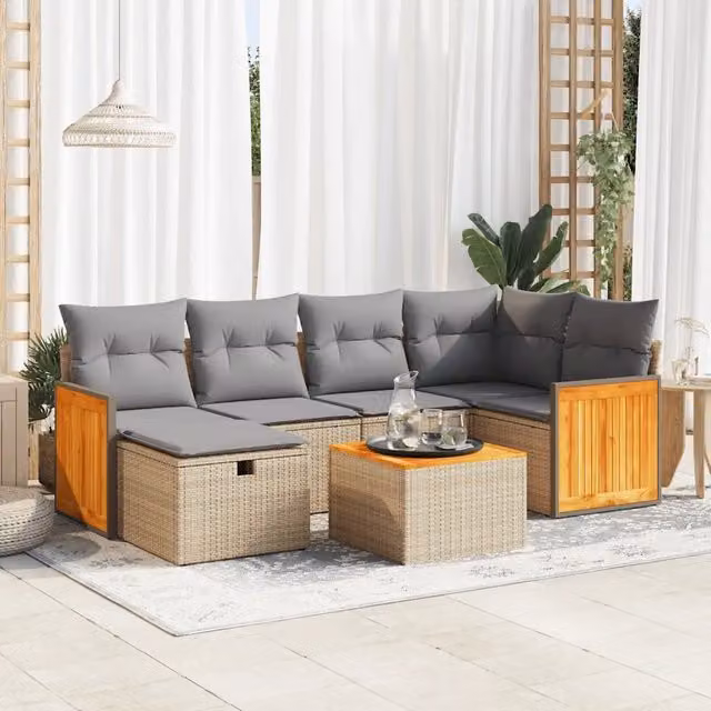 Set Divani da Giardino 7 pz con Cuscini Beige in Polyrattan 3326035