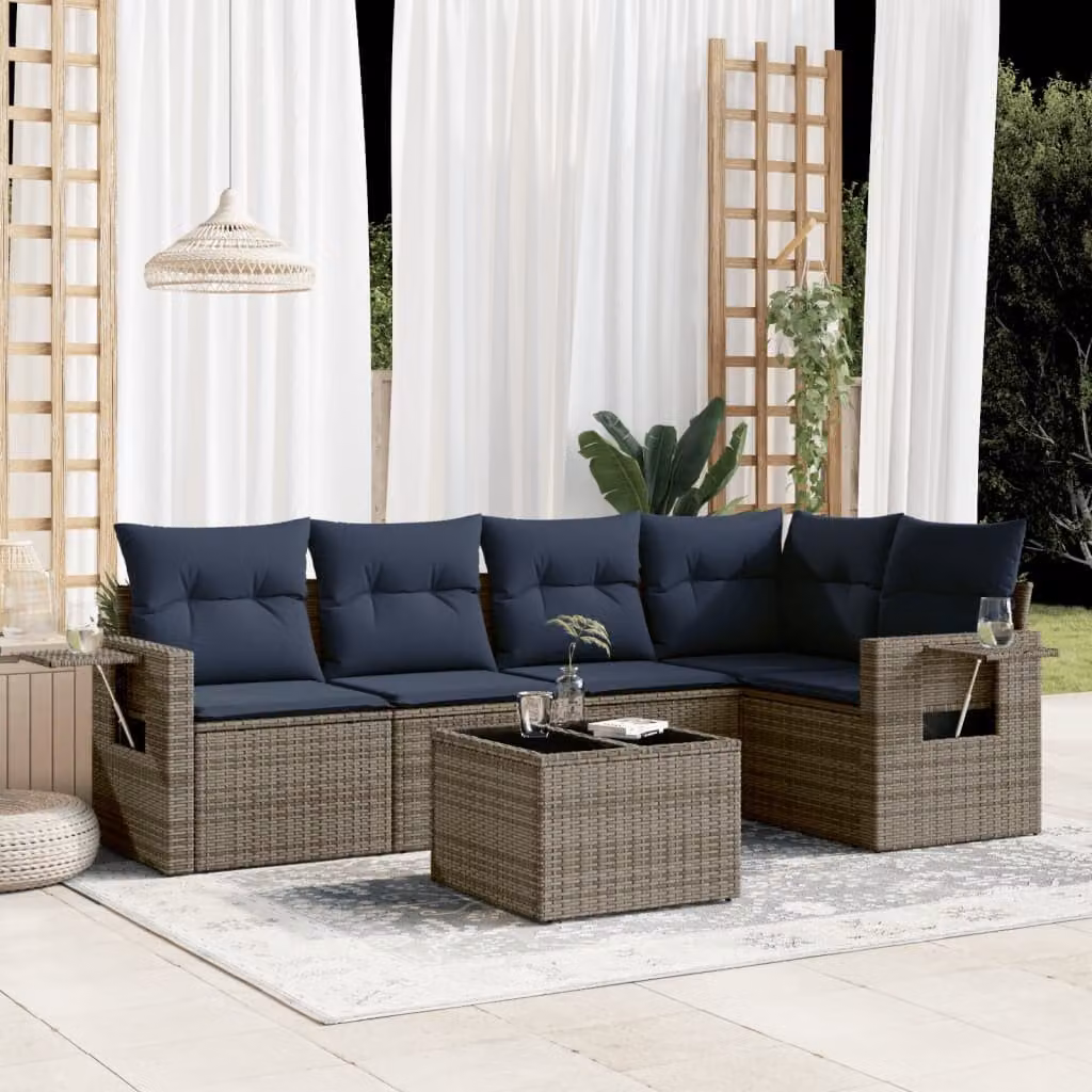Set da giardino vidaXL in rattan con tavolo da caffè e cuscini, 6 pezzi, grigio e blu
