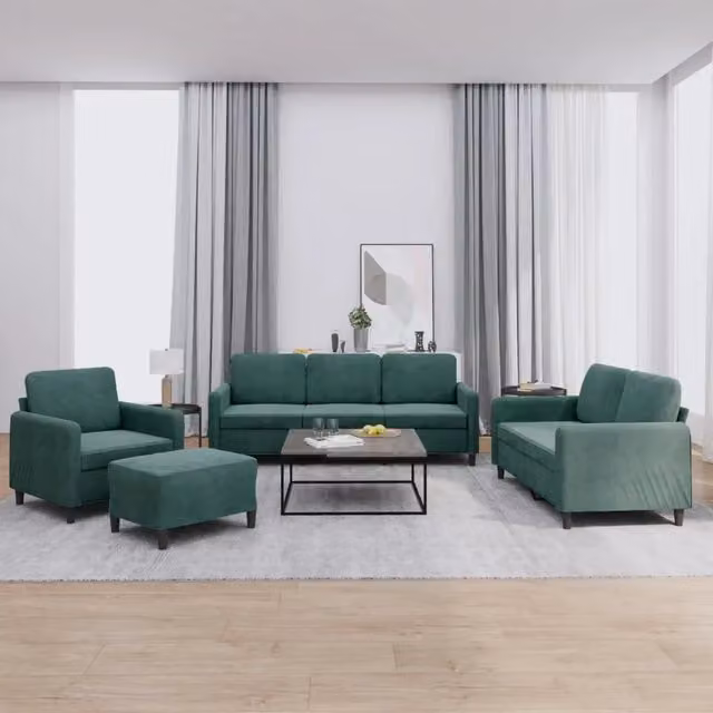 Set di divani vidaXL in velluto verde composto da un divano a 3 posti, un divano a 2 posti e un pouf con cuscini coordinati – 1