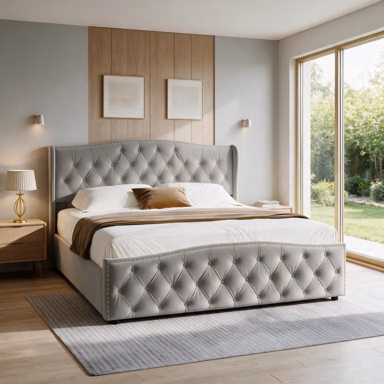 Letto imbottito INONEFT, 140x190 cm, con spazio contenitore, letto per ragazzi con cassone contenitore a sistema idraulico, letti singoli con rete a doghe, rivestito in velluto, senza materasso, colore grigio