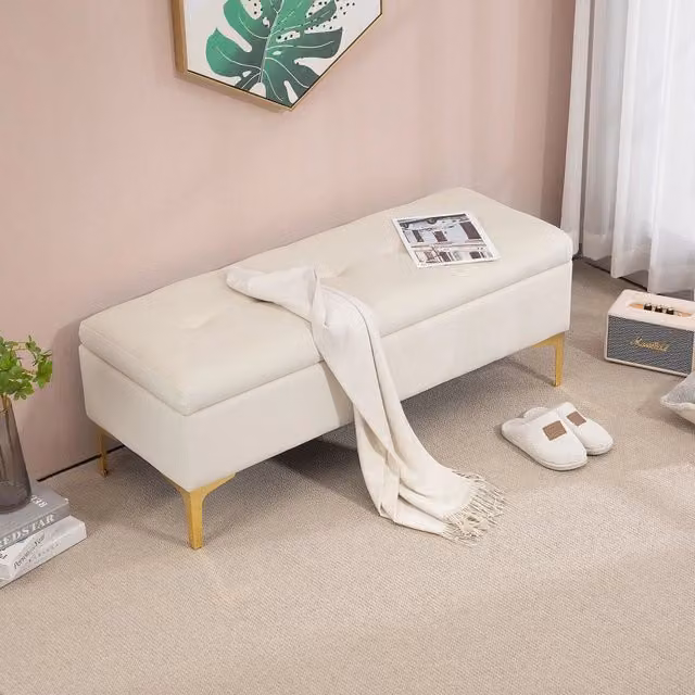 Panca contenitore imbottita con vano portaoggetti e gambe metalliche in poliestere beige 120×44×44.5 cm