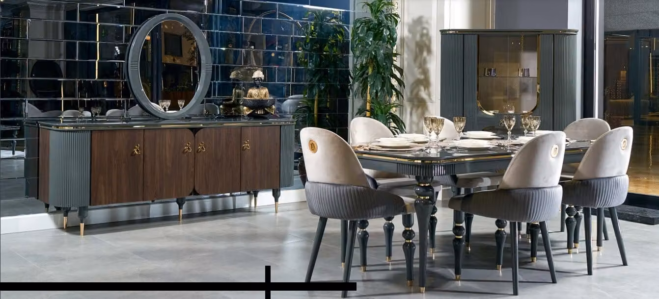 Set sala da pranzo tavolo vetrinetta 6x sedia cassettiera specchio moderno nuovo 10 pezzi.