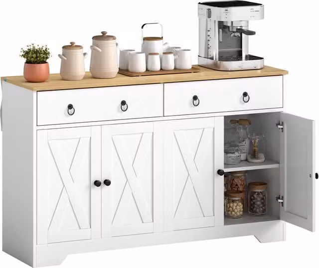 Credenza da Cucina Stile Rustico Bianco Mobile Buffet con 2 Cassetti 2 Ante e Ripiani Regolabili per Casa