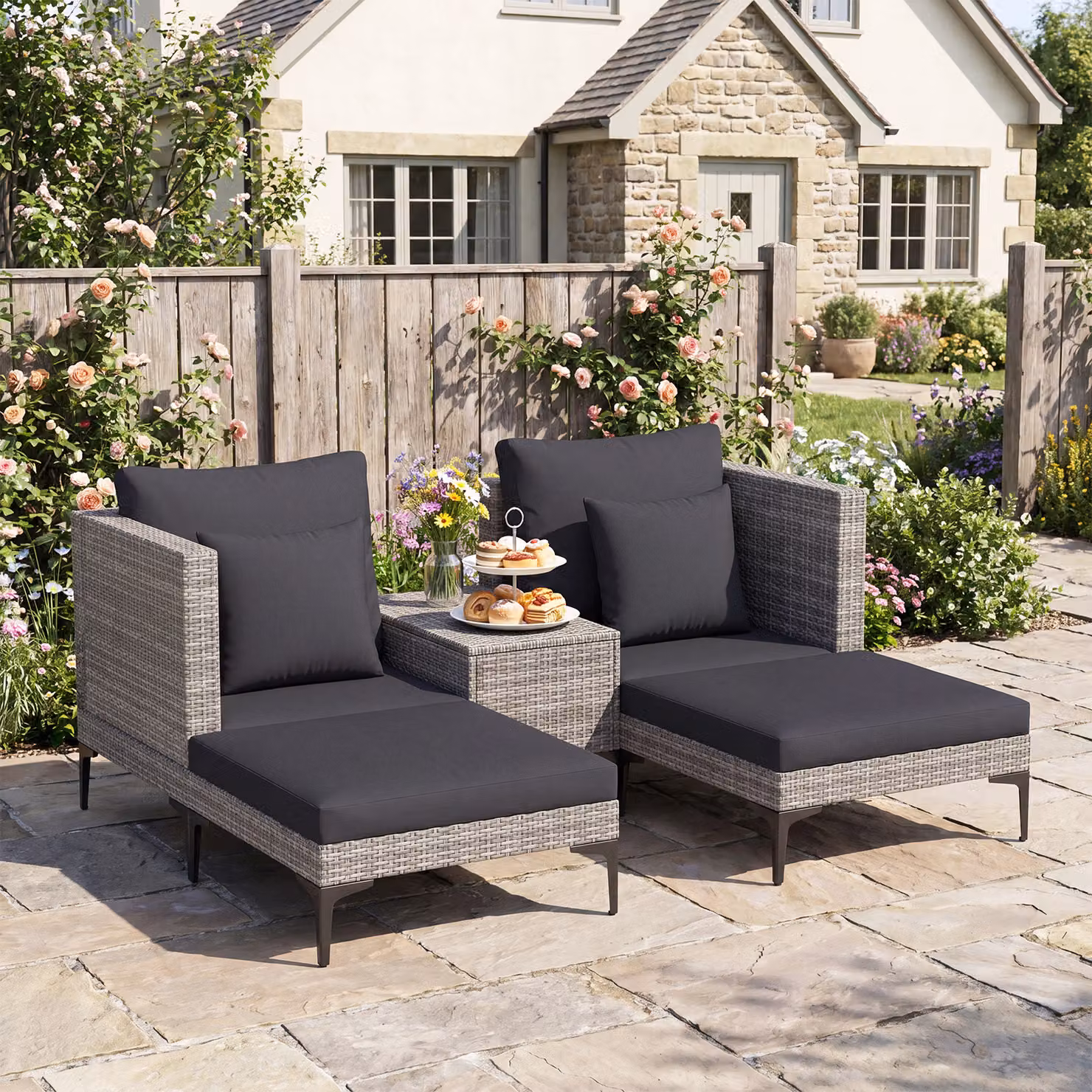 Set da giardino Costway in rattan grigio composto da 5 pezzi con 2 poltrone, 2 poggiapiedi e 1 tavolino da esterno con cuscini inclusi
