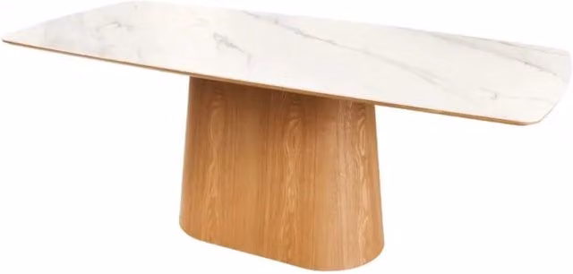 Tavolo da sala da pranzo rettangolare LUMEA Meublorama con piano in ceramica bianco effetto marmo e base in legno, L: 200 cm, P: 90 cm, H: 76 cm