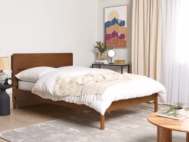 Letto matrimoniale BELIANI in legno di gomma oliato marrone stile rustico L: 140 cm, P: 205 cm, H: 101 cm con doghe fisse