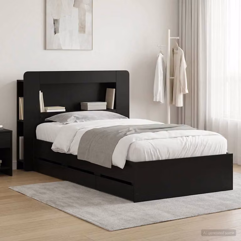 vidaXL Struttura letto con contenitore e testata in legno nero L: 140 cm, P: 190 cm, H: 211,5 cm